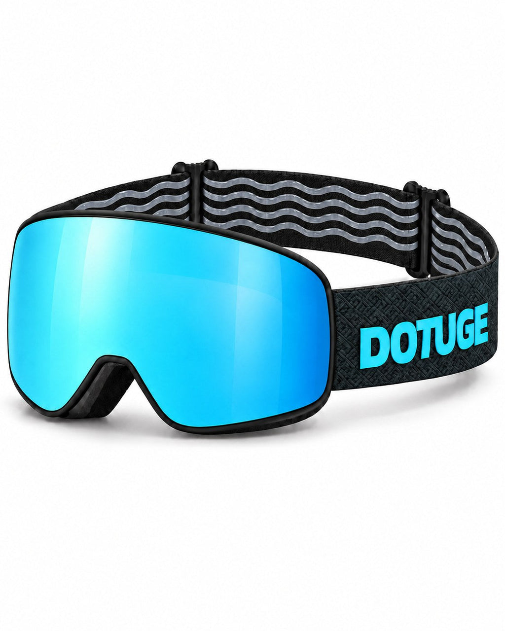 Shift | Snow Goggles | Photochromic Cylindrical Lens, UV400 Protection | Skiing and Snowboarding-Ice Blue Lens / Black Frame / Black Strap – three-quarter view, studio – Snowledge