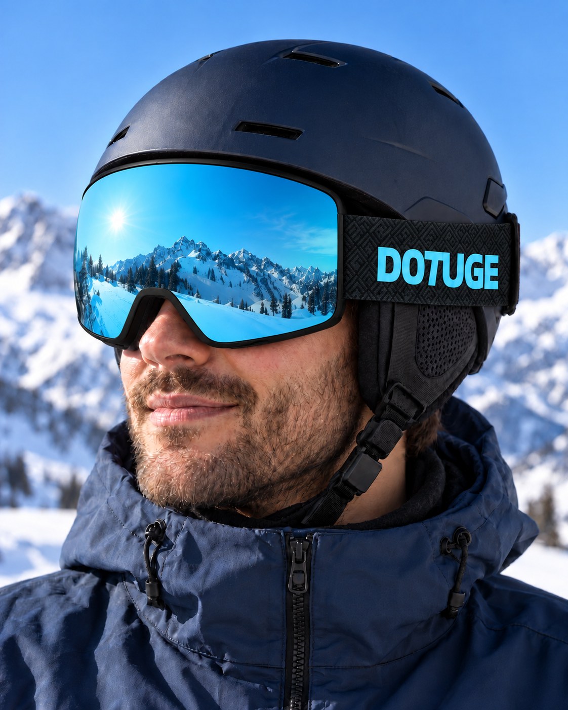 Shift | Snow Goggles | Photochromic Cylindrical Lens, UV400 Protection | Skiing and Snowboarding-Ice Blue Lens / Black Frame / Black Strap – worn with a ski helmet, close-up – Snowledge