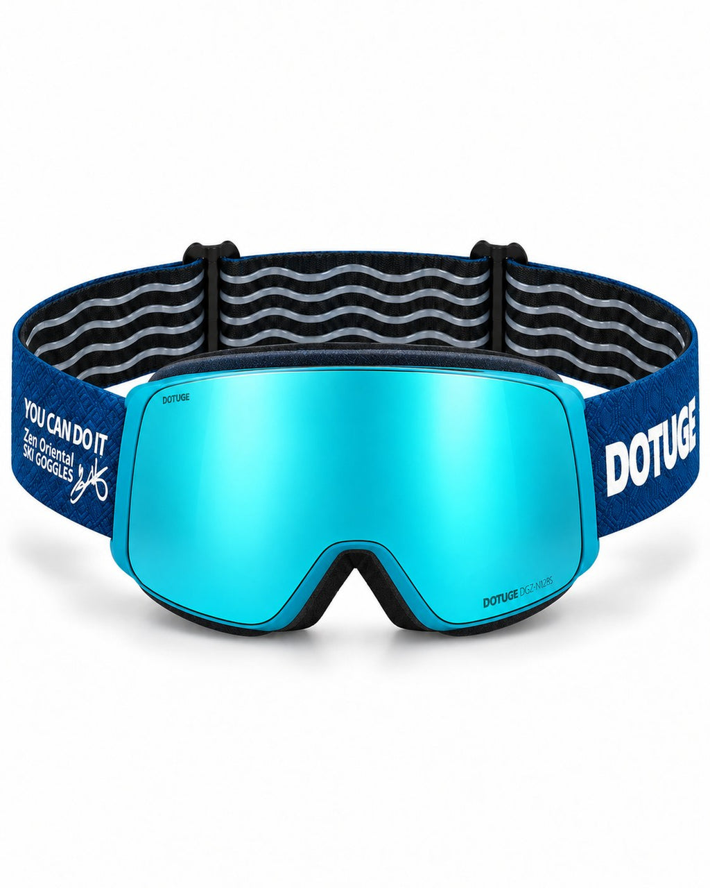 Slate 1 | Snow Goggles | Photochromic Cylindrical Lens, UV400 Protection | Skiing and Snowboarding-Teal Lens / Blue Frame / Blue Strap – front view, studio – Snowledge