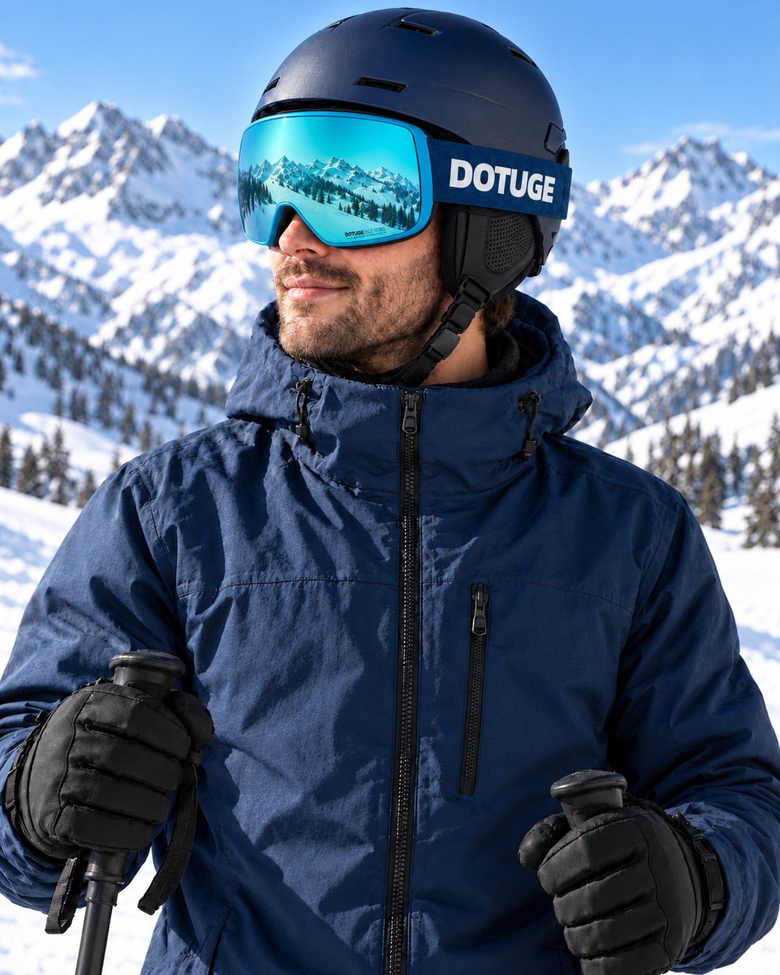 Slate 1 | Snow Goggles | Photochromic Cylindrical Lens, UV400 Protection | Skiing and Snowboarding-Teal Lens / Blue Frame / Blue Strap – worn by a skier on the slopes – Snowledge