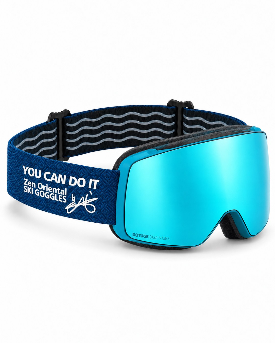 Slate 1 | Snow Goggles | Photochromic Cylindrical Lens, UV400 Protection | Skiing and Snowboarding-Teal Lens / Blue Frame / Blue Strap – opposite side view, studio – Snowledge