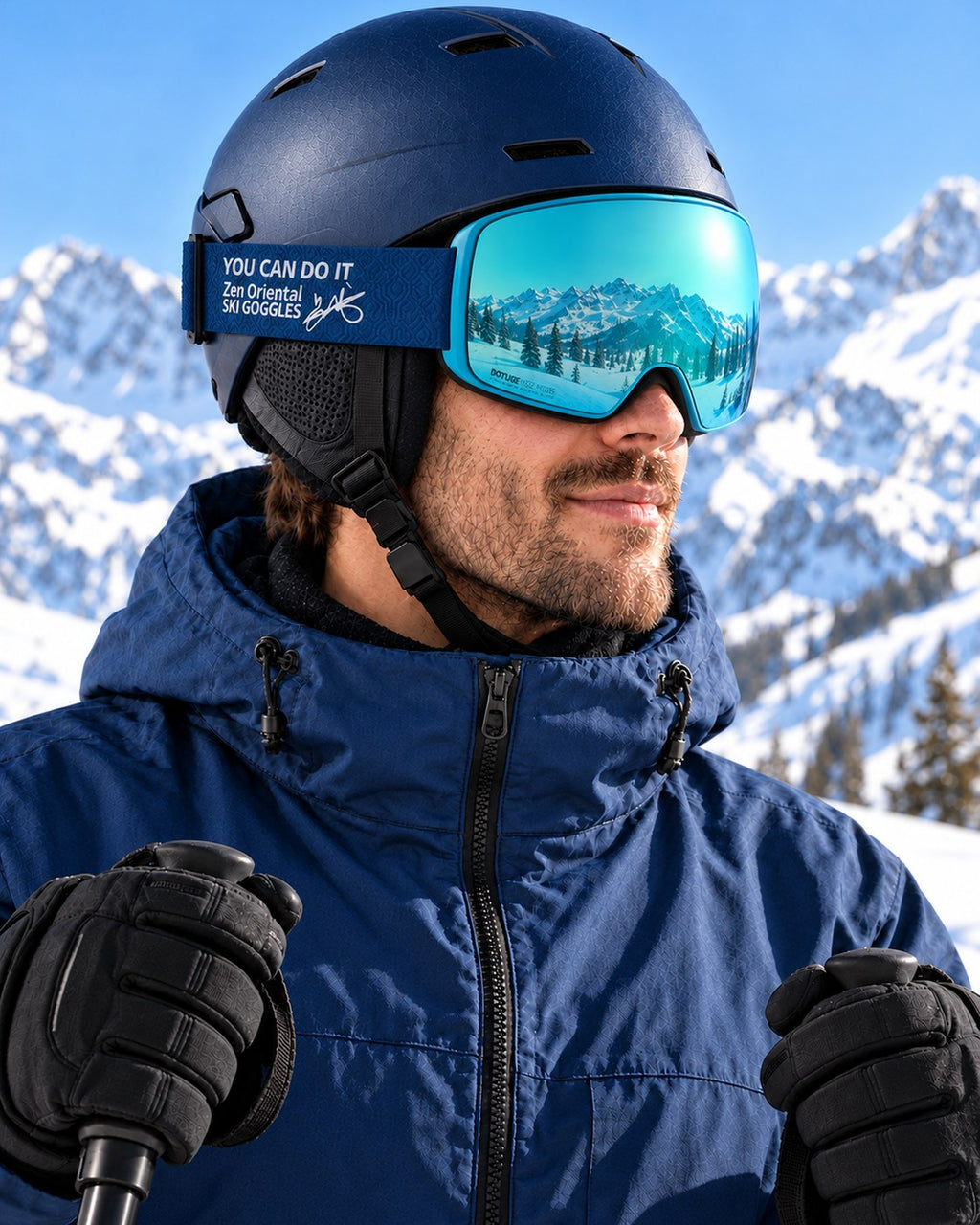 Slate 1 | Snow Goggles | Photochromic Cylindrical Lens, UV400 Protection | Skiing and Snowboarding-Teal Lens / Blue Frame / Blue Strap – side view worn by a skier – Snowledge