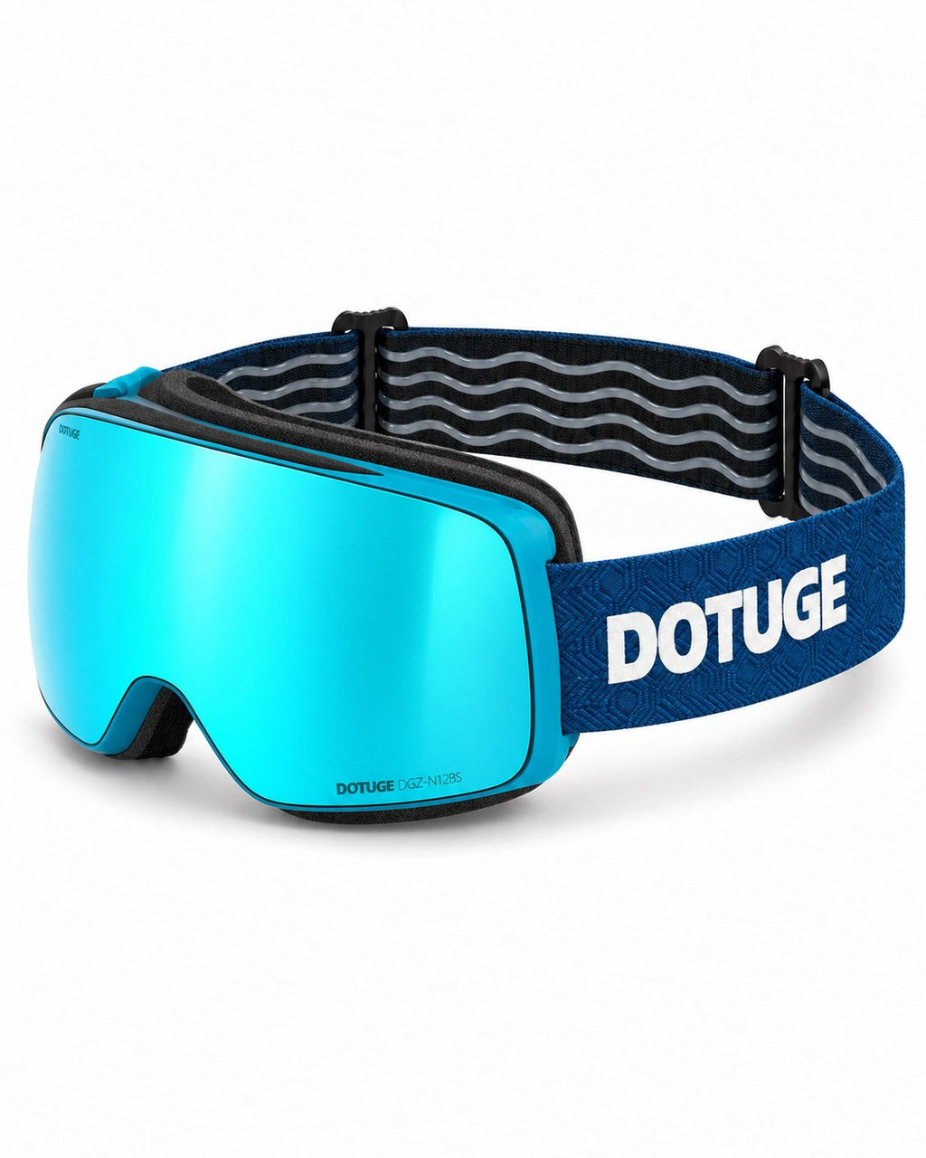 Slate 1 | Snow Goggles | Photochromic Cylindrical Lens, UV400 Protection | Skiing and Snowboarding-Teal Lens / Blue Frame / Blue Strap – three-quarter view, studio – Snowledge