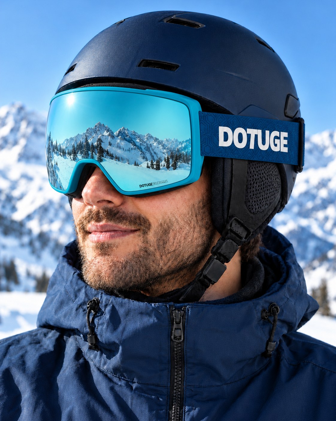 Slate 1 | Snow Goggles | Photochromic Cylindrical Lens, UV400 Protection | Skiing and Snowboarding-Teal Lens / Blue Frame / Blue Strap – worn with a ski helmet, close-up – Snowledge