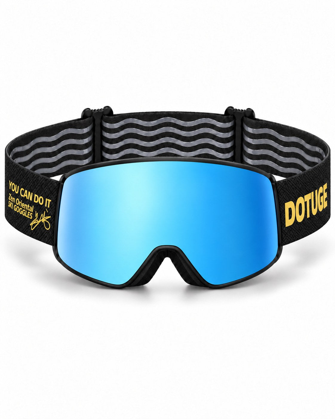 Slate 2 | Snow Goggles | Cylindrical Lens, UV400 Protection | Skiing and Snowboarding-Blue Lens / Black Frame / Black Strap – front view, studio – Snowledge