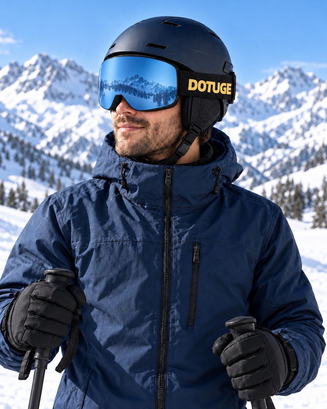 Slate 2 | Snow Goggles | Cylindrical Lens, UV400 Protection | Skiing and Snowboarding-Blue Lens / Black Frame / Black Strap – worn by a skier on the slopes – Snowledge
