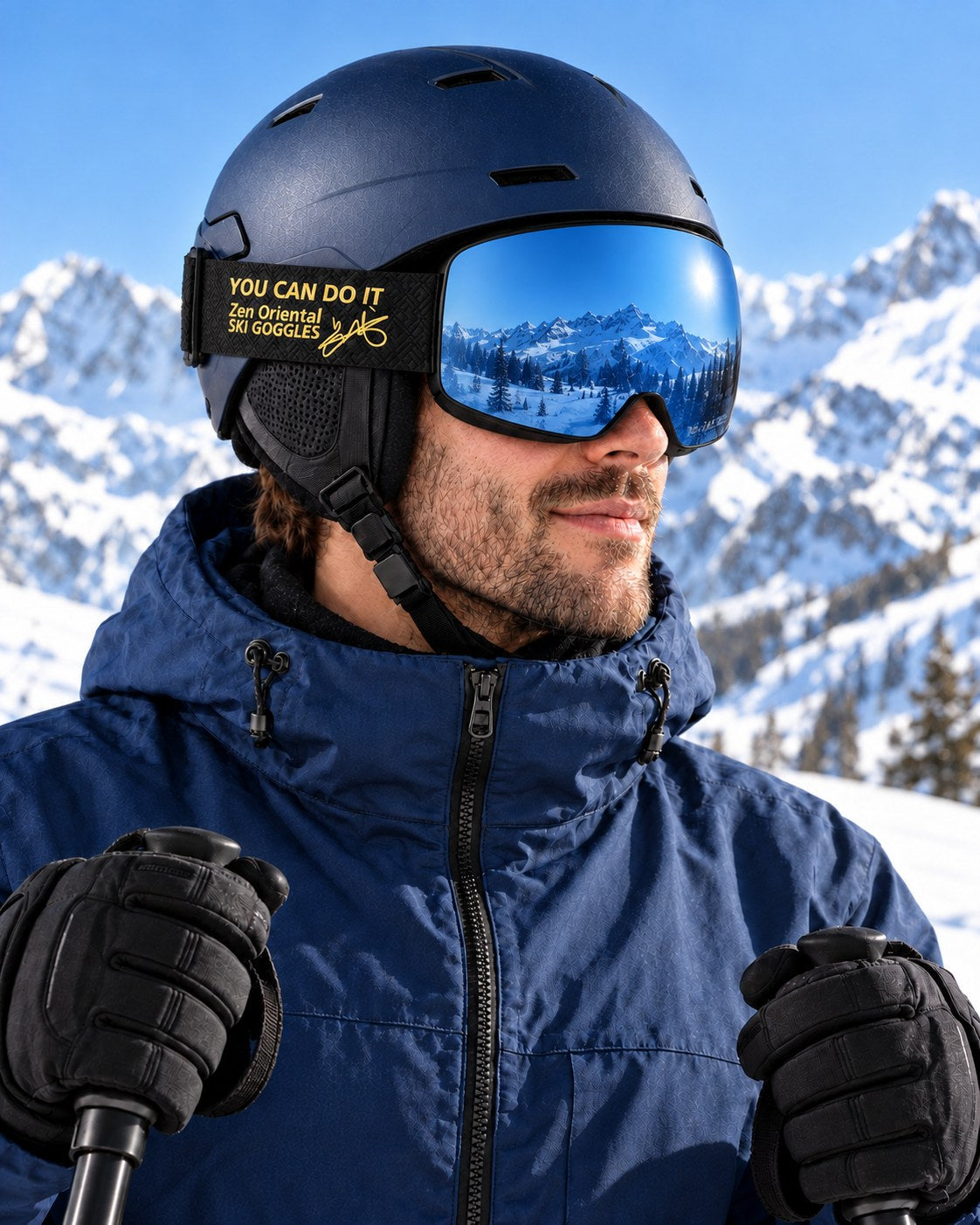 Slate 2 | Snow Goggles | Cylindrical Lens, UV400 Protection | Skiing and Snowboarding-Blue Lens / Black Frame / Black Strap – side view worn by a skier – Snowledge