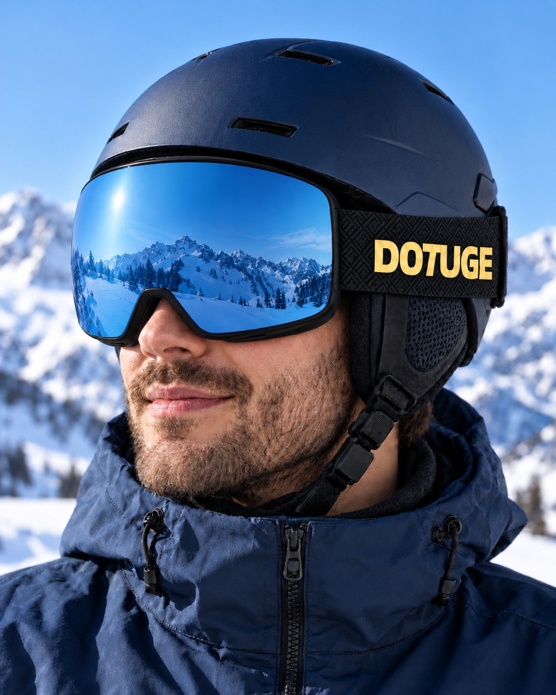 Slate 2 | Snow Goggles | Cylindrical Lens, UV400 Protection | Skiing and Snowboarding-Blue Lens / Black Frame / Black Strap – worn with a ski helmet, close-up – Snowledge