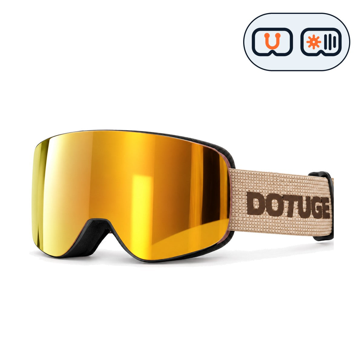 Vista | Snow Goggles | Photochromic Cylindrical Flip Cover Lens, UV400 Protection | Skiing and Snowboarding-Gold Lens / Black Frame / Beige Strap-Snowledge
