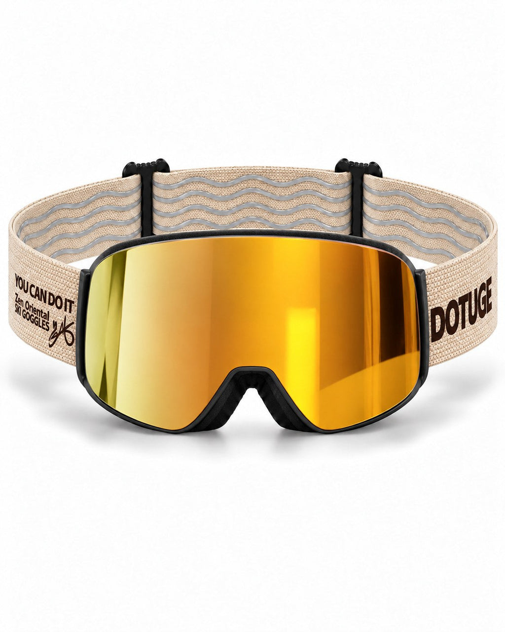 Vista | Snow Goggles | Photochromic Cylindrical Flip Cover Lens, UV400 Protection | Skiing and Snowboarding-Gold Lens / Black Frame / Beige Strap – front view, studio – Snowledge