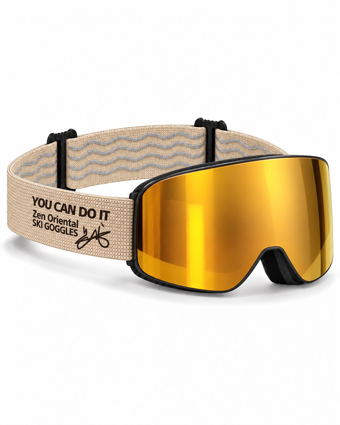 Vista | Snow Goggles | Photochromic Cylindrical Flip Cover Lens, UV400 Protection | Skiing and Snowboarding-Gold Lens / Black Frame / Beige Strap – opposite side view, studio – Snowledge
