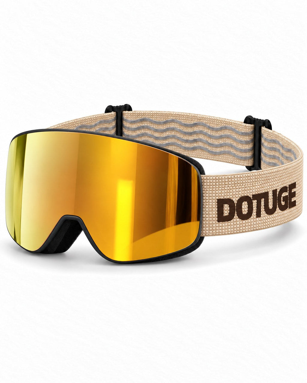Vista | Snow Goggles | Photochromic Cylindrical Flip Cover Lens, UV400 Protection | Skiing and Snowboarding-Gold Lens / Black Frame / Beige Strap – three-quarter view, studio – Snowledge