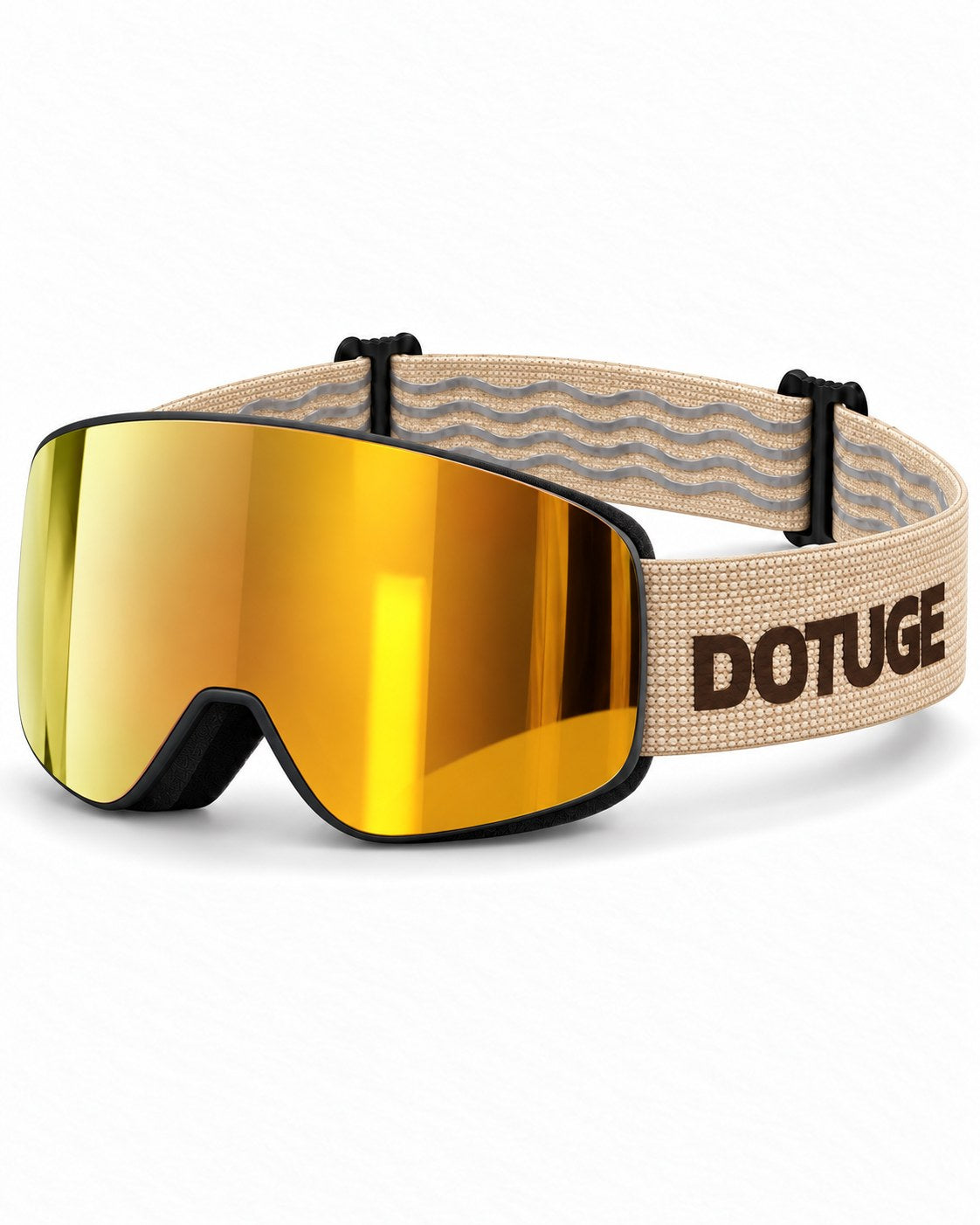 Vista | Snow Goggles | Photochromic Cylindrical Flip Cover Lens, UV400 Protection | Skiing and Snowboarding-Gold Lens / Black Frame / Beige Strap – three-quarter view, studio – Snowledge