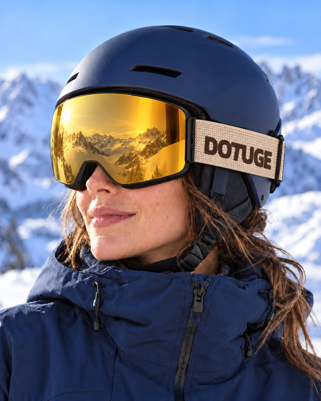 Vista | Snow Goggles | Photochromic Cylindrical Flip Cover Lens, UV400 Protection | Skiing and Snowboarding-Gold Lens / Black Frame / Beige Strap – worn with a ski helmet, close-up – Snowledge