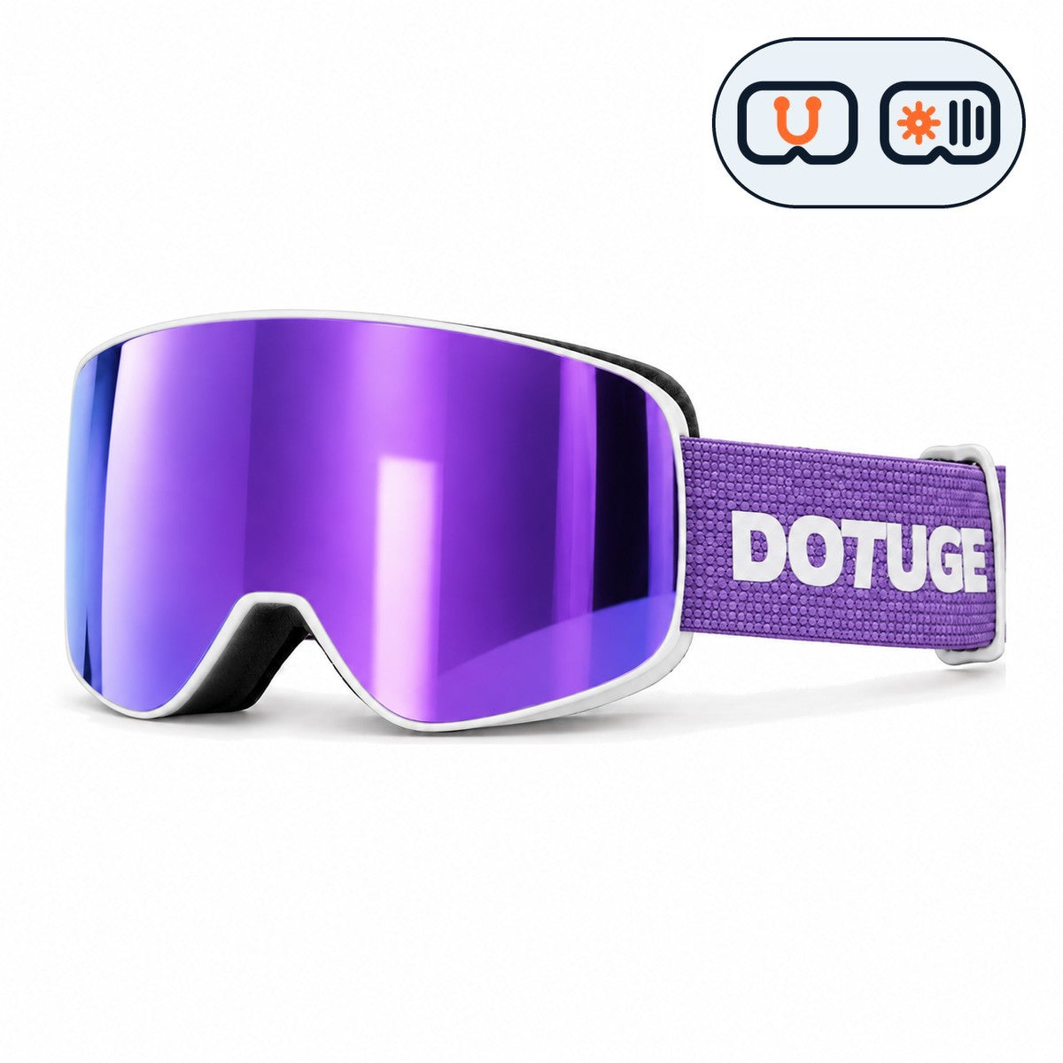 Vista | Snow Goggles | Photochromic Cylindrical Flip Cover Lens, UV400 Protection | Skiing and Snowboarding-Purple Lens / White Frame / Purple Strap-Snowledge